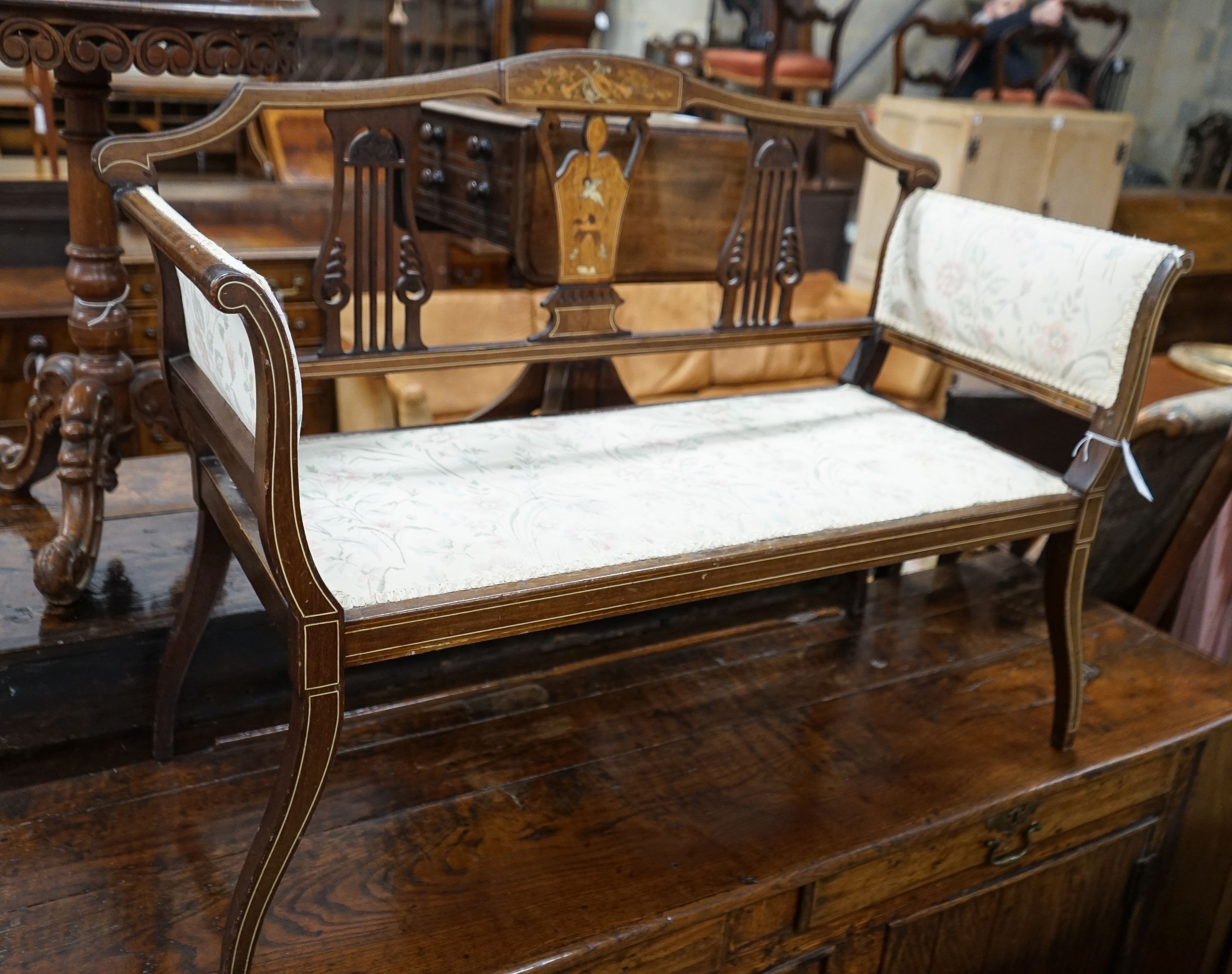 An Edwardian marquetry inlaid mahogany window seat, length 107cm, depth 44cm, height 79cm